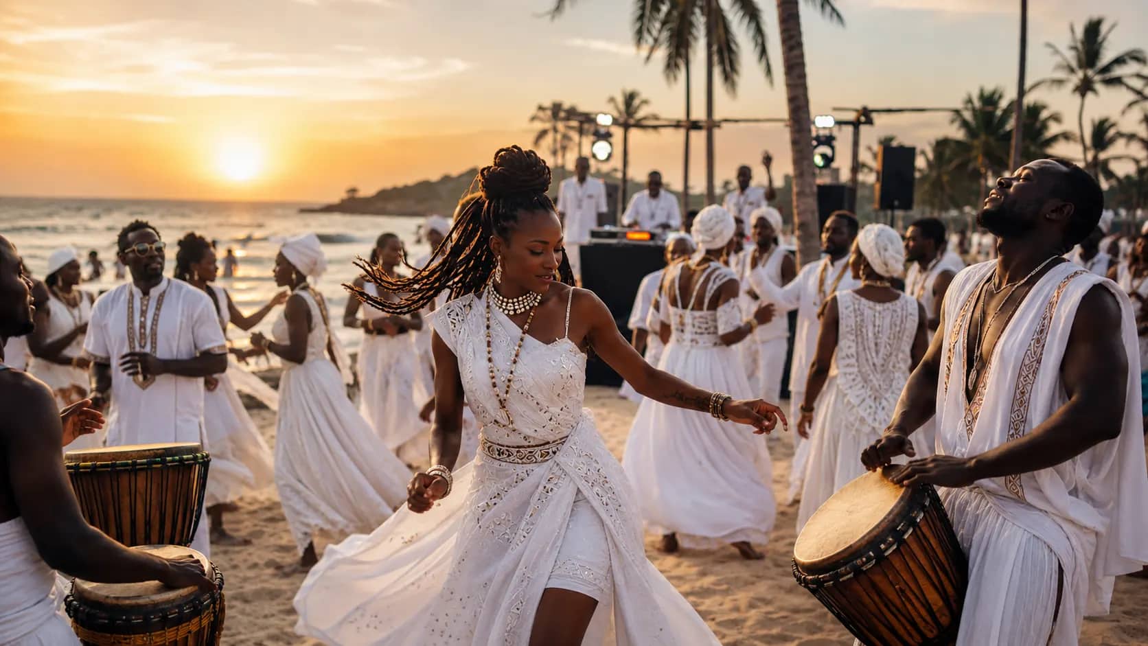 Danseuse en robe blanche et percussionnistes sur la plage au coucher du soleil
