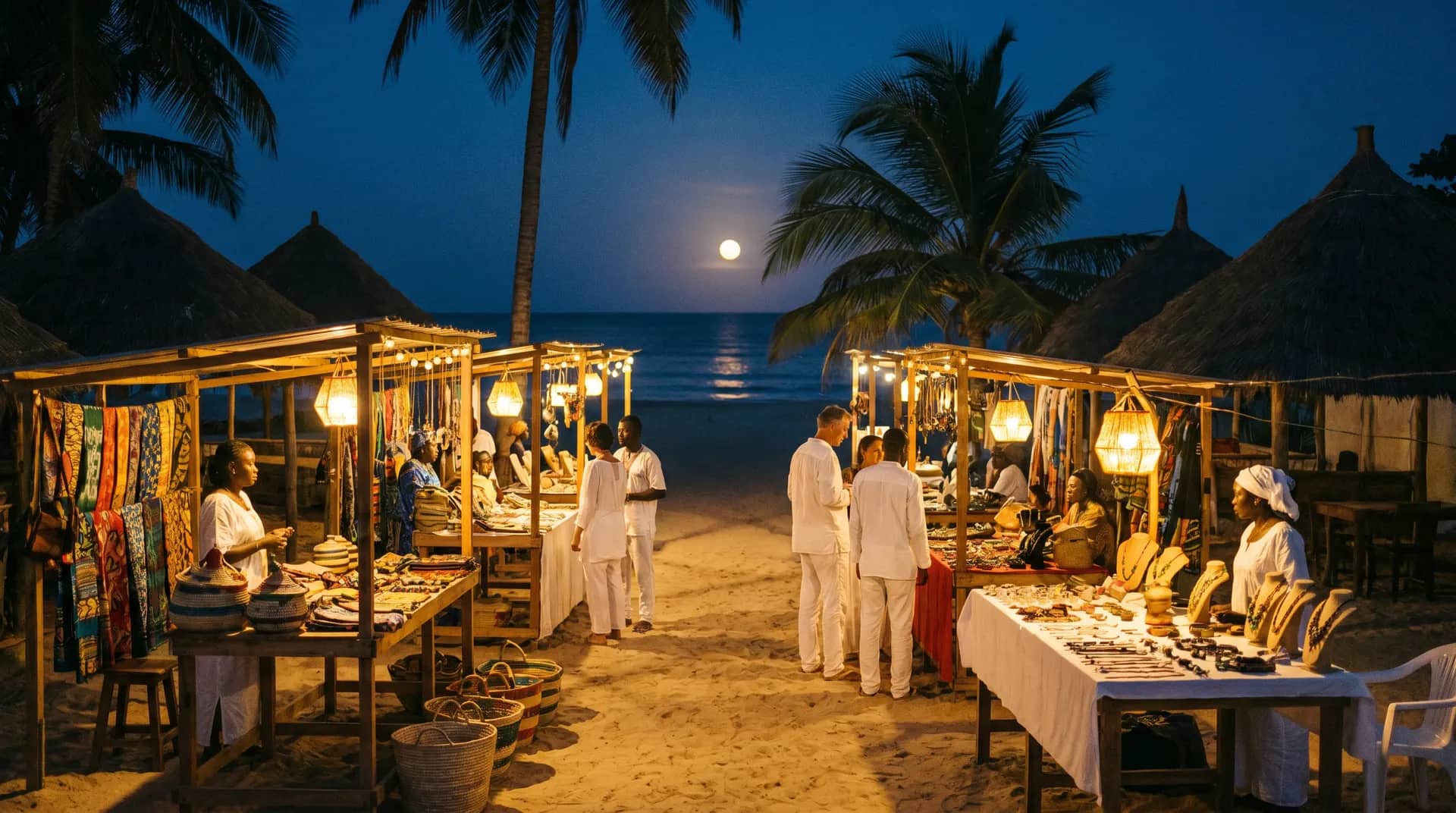 Village de créateurs sur la plage, étals d’artisanat éclairés aux lanternes sous la pleine lune