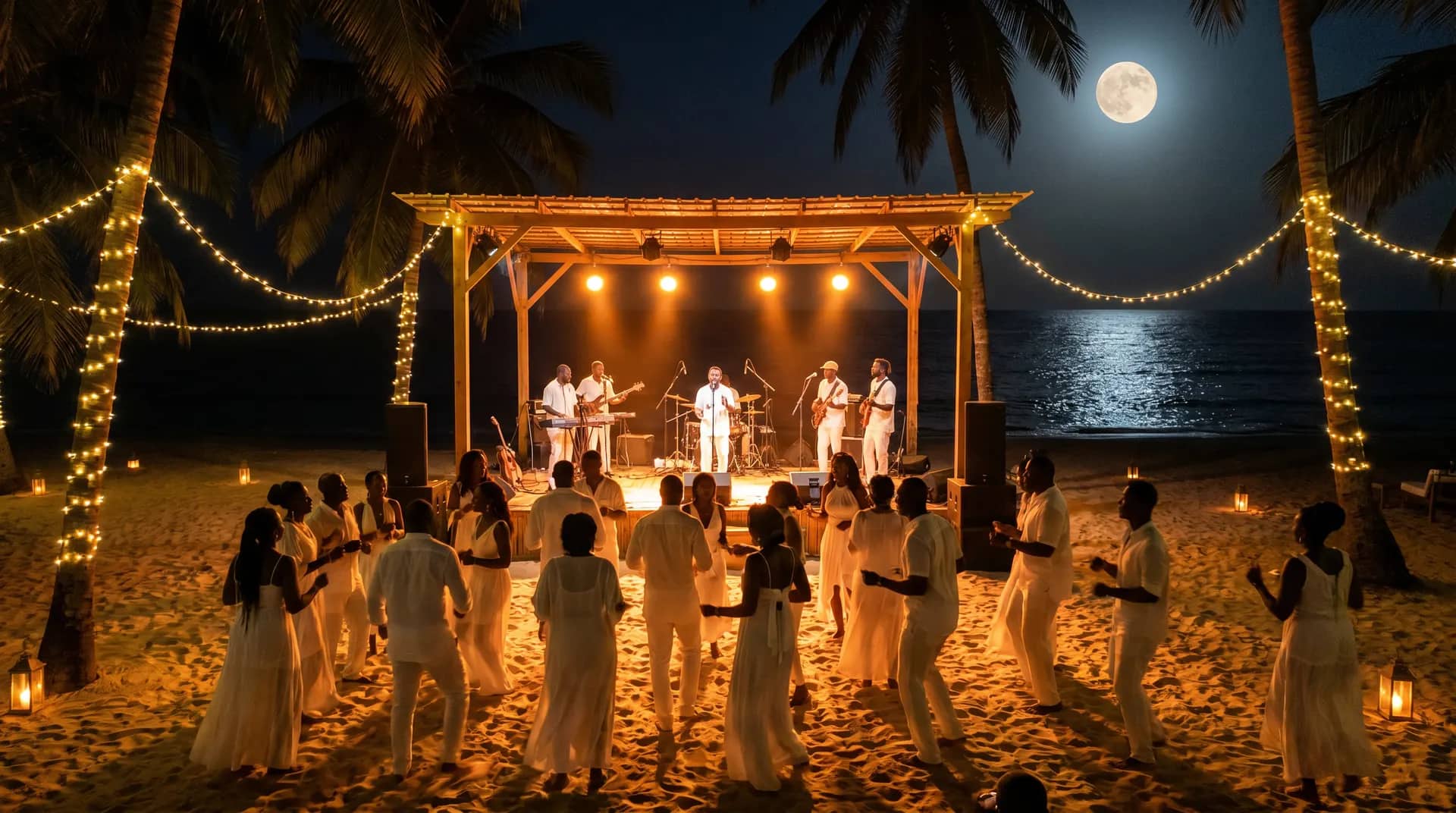 Concert live sur la plage : public en tenue blanche dansant devant une scène éclairée, sous la pleine lune