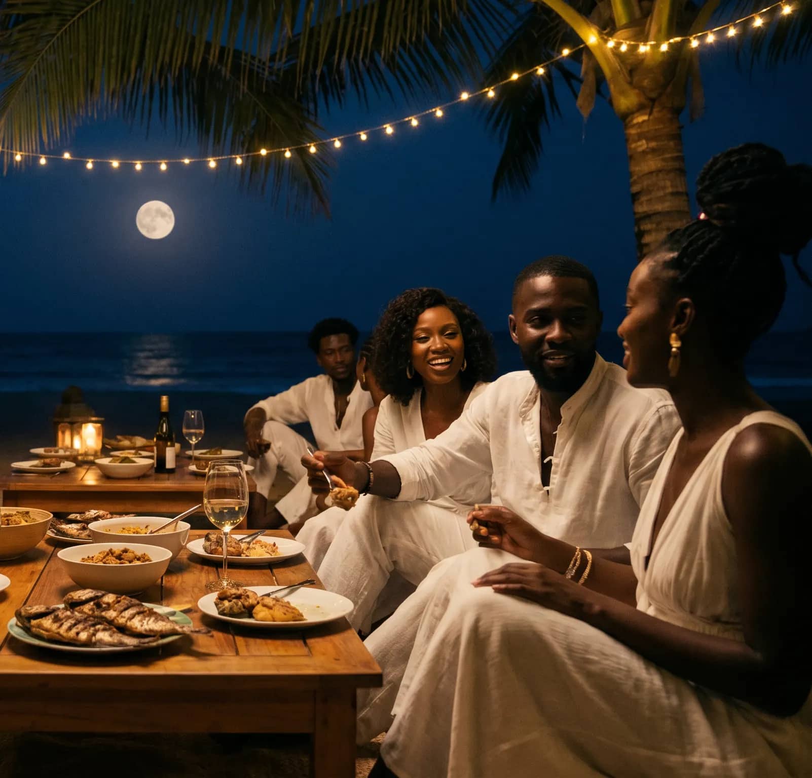 Convives en tenue blanche partageant un repas casamançais à la lueur des lanternes, sur le sable